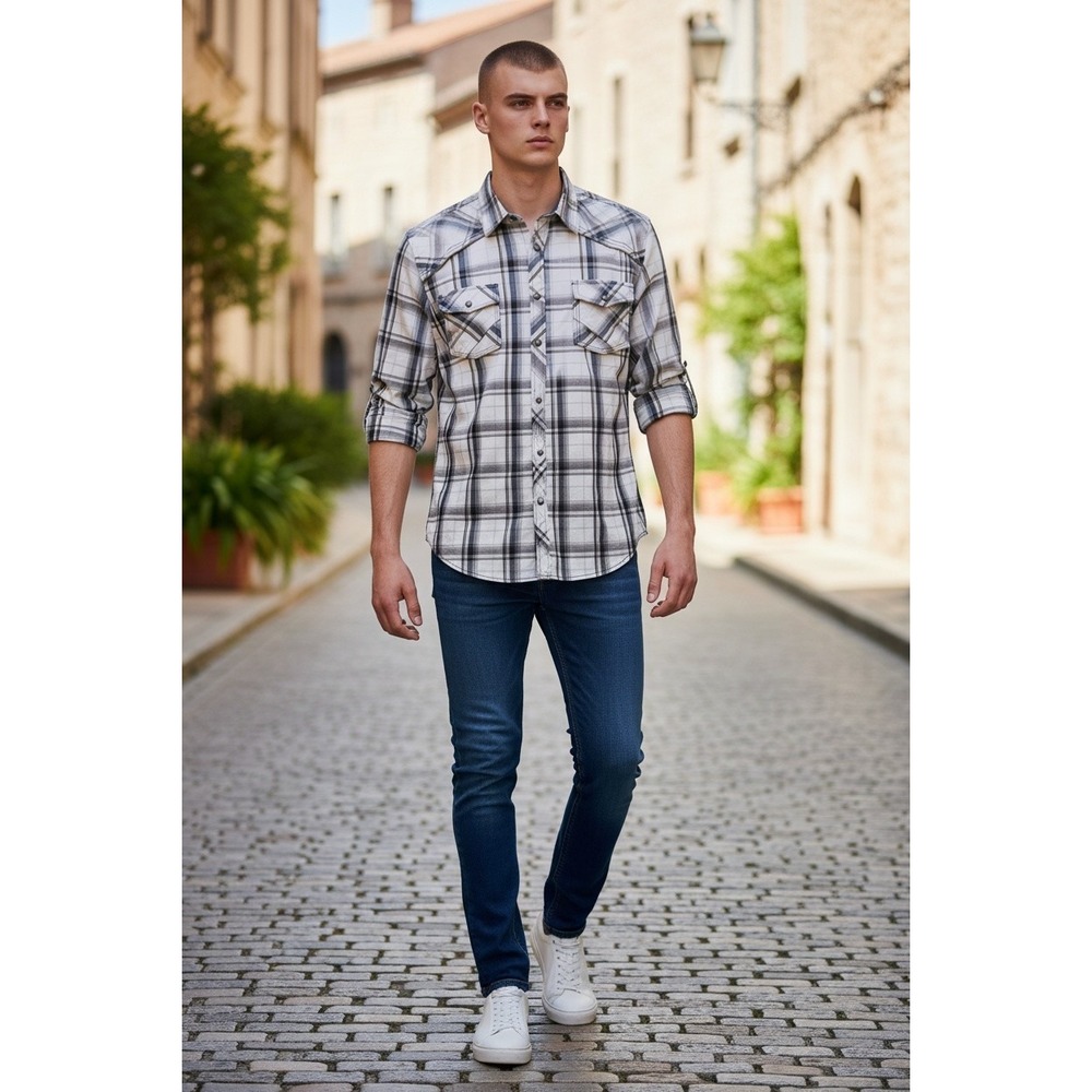 BKE Mens Athletic Fit Western Plaid Pearl Snap Shirt White Black Grey‎ Large